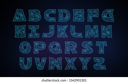 Vector illustration abstract mash line low poly polygonal geometric shapes wireframe flat bold thick stylized art font. Font capital letters on a dark background