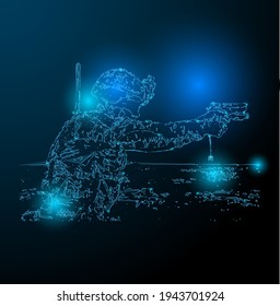 Vector illustration abstract mash line low polygonal geometric shapes wireframe gun pistol fighter soldier warrior,helmet glasses technology and computer
