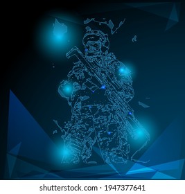 Ilustración vectorial línea de máscaras abstractas formas geométricas poligonales de baja estela pistolero guerrero, tecnología de gafas de casco y computadora
