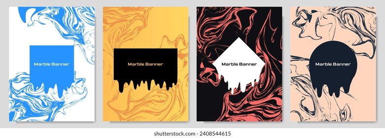 Vector illustration. Abstract melted rectangle shapes with drip effect. Melting geometric banners. Futuristic cyberpunk style. Design for poster, book or magazine cover. Marble decorative texture
