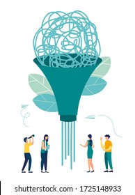 Vector illustration, abstract metaphor, concept of solving business problems, funnel unravels tasks and solutions