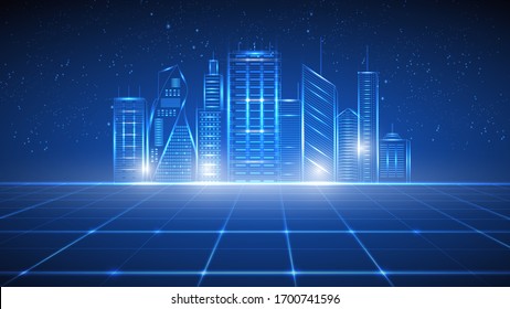 Vector illustration of an abstract metropolis, city with buildings and skyscrapers on a glowing background. EPS 10.