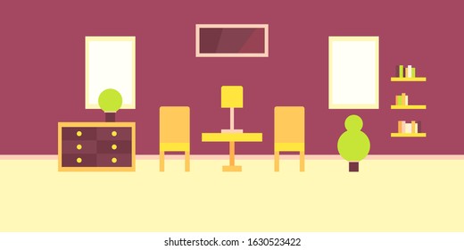vector illustration abstract minimalism interior background apartment dining room chest of drawers plant window picture chair lamp coffee table bookshelf