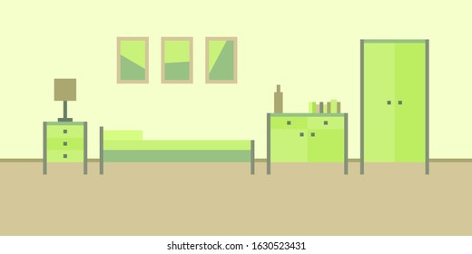 vector illustration abstract minimalism interior background apartment bed room lamp nightstand bed pictures chest of drawers wardrobe