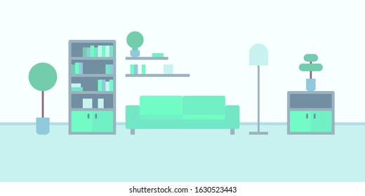 vector illustration abstract minimalism interior background apartment living room plants couch bookcase lamp bookshelf chest of drawers