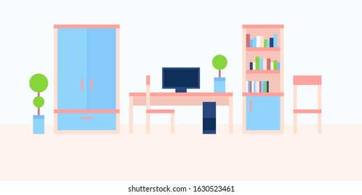 vector illustration abstract minimalism interior background apartment bed room plant wardrobe desk computer chair bookcase