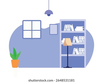 Vector illustration, abstract minimalism interior background, apartment, living room, lamp, couch, shelf, plant