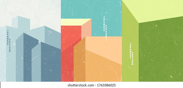 Vector illustration. Abstract minimalist polygonal shapes. Building with shadows. Design for poster, cover, brochure. Wavy topographic linear pattern. Scratches old paper effect. Retro bright color