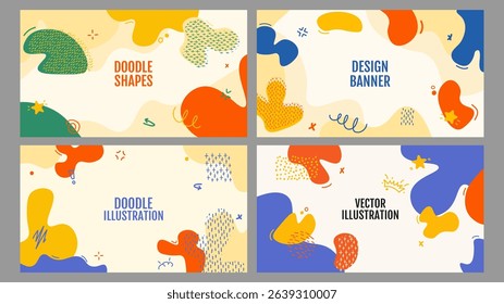 Vector illustration. Abstract modern flat style background. Dynamic composition of drawn fluid twisted elements and memphis pattern. Design for web banner, presentation template, horizontal wallpaper