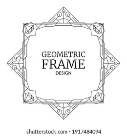 Vector illustration abstract modern geometric frame design with diamonds for wedding invitation. Retro line Art Deco geometry pattern, trendy border with gem stones. Vintage greeting card template.