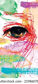 vector illustration, an abstract modern image of the eye, rendered in bright colors, lines, strokes, and watercolor stains.