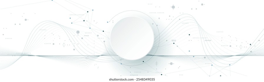 Vector illustration abstract modern technology design. White circle, geometric shape, wave wireframe line pattern and circuit board on white - grey background. Technology concept for banner, template