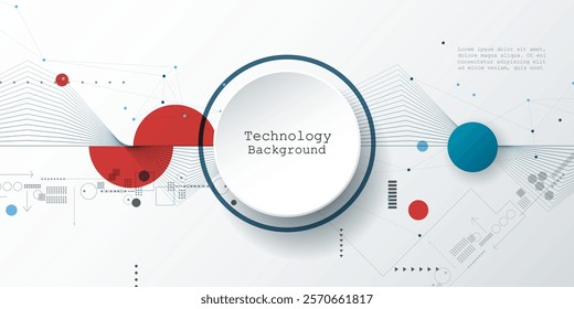 Vector illustration abstract modern technology design. White circle, geometric shape, wave wireframe line pattern and circuit board on white - grey background. Technology concept for banner, template