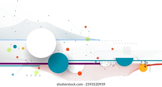 Vector illustration abstract modern technology design. White circle, geometric shape, wave wireframe line pattern and circuit board on white - grey background. Technology concept for banner, template