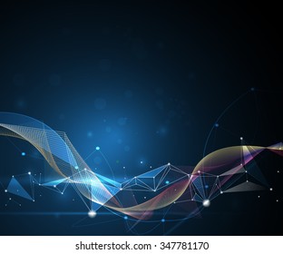 Vector Illustration Abstract Molecules and 3D Mesh with Circles, Lines, Geometric, Polygonal, Triangle pattern. Communication technology on blue background. Futuristic - digital technology concept