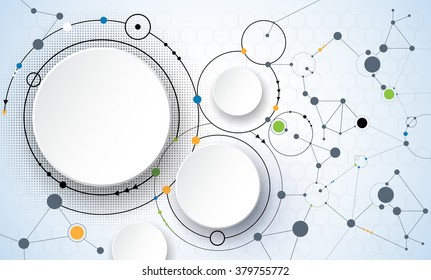 Vector illustration of abstract molecules and communication - social media technology concept with 3D paper label circles design and space for content, business, social media, network and web design

