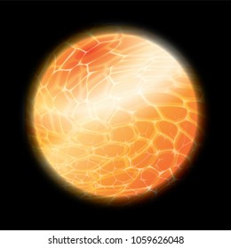Vector illustration. Abstract molten lava or fire texture in round shape on black background. Fire funnel. Burn flame. Plasma explosion effect.  Abstract planet icon. Space for text or object. 