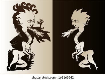 Vector illustration of abstract monster dragon symmetry. Hand drawn. Jin jang.