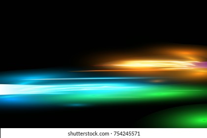 Vector illustration of abstract motion light effect. Futuristic wave flash. Shining spots on black background