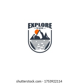 Vector illustration of abstract mountain, sun, water and pine trees in shield with curved text isolated on white background suit for outdoor adventures logo