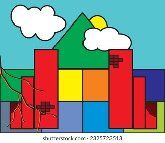 Vector illustration of abstract mountain and wall gate with thick black outline
