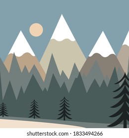 Vector illustration of abstract mountains and Christmas trees
