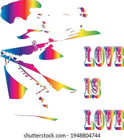 
Vector illustration, abstract multicolor silhouettes men kissing, text love is love.