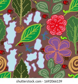 Vector illustration. Abstract multicolored bright seamless pattern in the form of plants and insects. Design for wallpaper, covers, cards, prints.