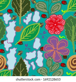 Vector illustration. Abstract multicolored bright seamless pattern in the form of plants and insects. Design for wallpaper, covers, cards, prints.