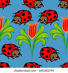  Vektorillustration. Abstrakte, mehrfarbige, helle, nahtlose Muster in Form von Blumen von Tulpen und Ladybugs-Insekten. Design für Tapete, Cover, Karten, Drucke.