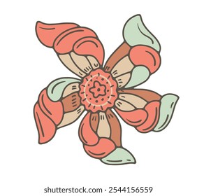 Vector illustration of an abstract, multi-colored floral motif with intricate petal shapes, isolated on a white background. Ideal for patterns and prints.