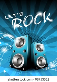 Vector illustration of abstract music background with speakers on grungy rays background in blue color, can be used as flyer or banner for party or events. EPS 10.
