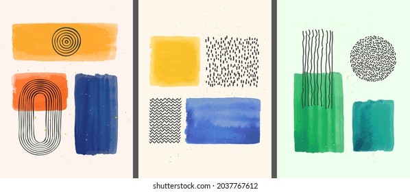 Ilustración vectorial. Concepto natural abstracto: sol, paisaje marino, bosque. Diseño de póster, postal, invitación, volante, portada de folleto. La decoración de la pared de la habitación. Pintas de color de agua con puntos de salpicadura dorados