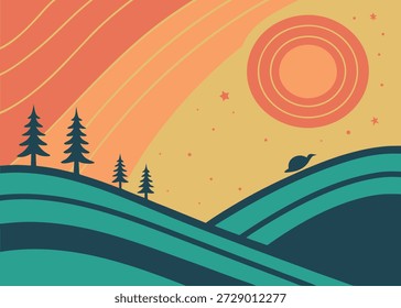 Vector illustration of an abstract nature landscape background featuring green grass hills under a summer sunset sky with trees and mountains along a distant horizon.