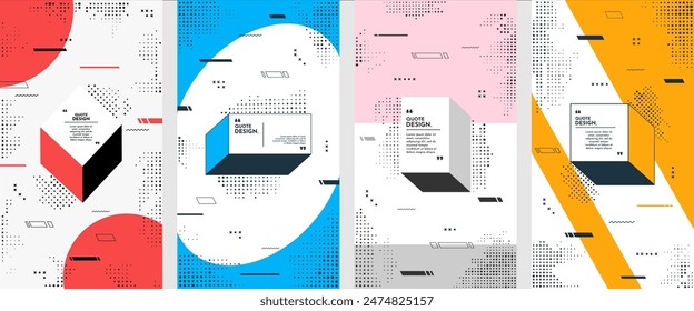 Vector illustration. Abstract neo memphis pattern banner collection with halftone dotted elements. Flow graphic shapes. Vibrant color quote frames. Design elements for flyer, voucher, leaflet, coupon
