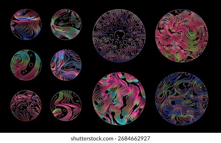 Ilustración vectorial en estilo abstracto de neón, con Formas circulares coloridas con Gradientes ondulados y fluidos, principalmente rosa, verde, azul sobre negro. Tema: movimiento moderno, energético, psicodélico.