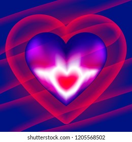 Vector illustration of abstract neon mesh heart with slant transparent red lines on the dark blue background.