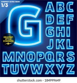 Vector illustration of abstract neon tube alphabet for light board. Blue Compact Bold