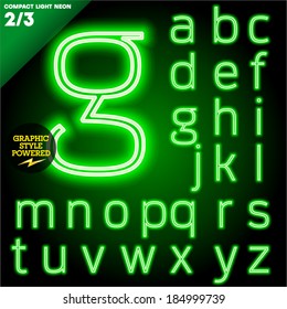 Vector illustration of abstract neon tube alphabet for light board. Green Compact