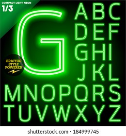 Vector Illustration Of Abstract Neon Tube Alphabet For Light Board. Green Compact