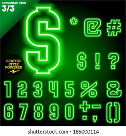 Vector Illustration Of Abstract Neon Tube Alphabet For Light Board. Condensed Green