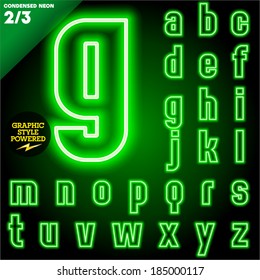 Vector illustration of abstract neon tube alphabet for light board. Condensed Green