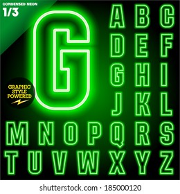 Vector illustration of abstract neon tube alphabet for light board. Condensed Green