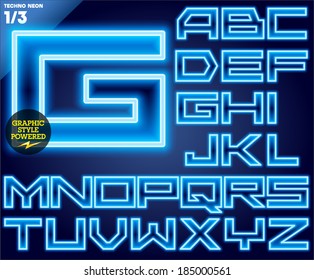 Vector illustration of abstract neon tube alphabet for light board. Techno Blue