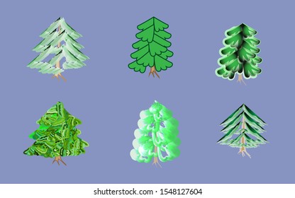 Vector illustration with abstract New Year trees, spruces
