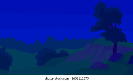 vector illustration abstract night landscape clear sky forest tree bush stones cliff
