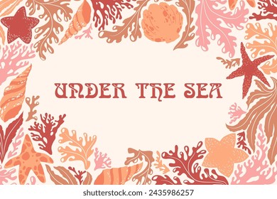 Ilustración vectorial con plantas oceánicas abstractas, conchas marinas, estrellas de mar, marco de corales aislados sobre fondo claro. Diseño para impresión de tarjeta de felicitación, póster, plantilla de invitación, banner, flyer