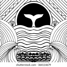 Vector illustration. Abstract Ocean, whale tail. Perfect inspirational poster. T-shirt print, postcard, home decoration. 