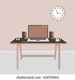 Vector illustration with abstract office elements placed on the color background. Arts  of different office elements drawn in flat style. Perfect for textile, book covers, manufacturing, scrapbooking.