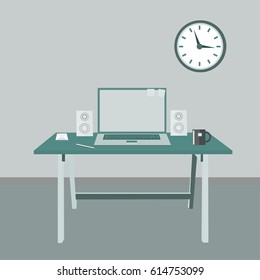 Vector illustration with abstract office elements placed on the color background. Arts  of different office elements drawn in flat style. Perfect for textile, book covers, manufacturing, scrapbooking.